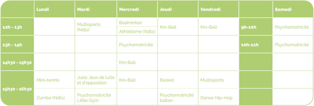 Horaire cours parascolaire Kiddo