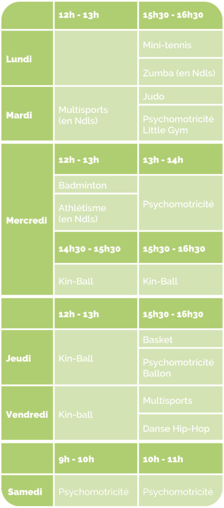 Horaire cours extra-scolaire Kiddo